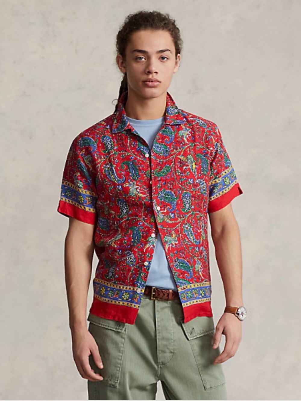 Polo Ralph Lauren RARE Classic Fit Print Linen Camp Shirt Size L EUC